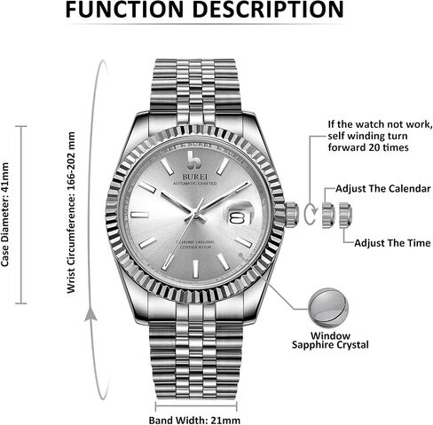 BUREI Mens Watch Luxury Automatic Self-Winding Watches Date Sapphire Crystal Business Stainless Steel Watches for Men 41MM in Kuwait