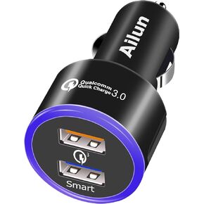 Ailun Car Charger Qualcomm Quick Charge 3.0 Adapter Fast Dual USB Port 35W for iPhone 14 13 11 12 Pro Max X Xs XR SE 2020 Galaxy s20+ S20Ultra, Black Blue