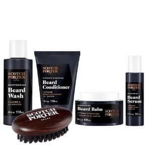 Scotch Porter Beard Care Kit – Cleanse, Moisturize, Soothe & Style Coarse, Dry Hair while Encouraging Growth for a Fuller/Healthier-Looking Beard – Includes Wash, Conditioner, Serum, Balm & Brush
