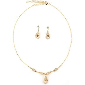 Topwholesalejewel Gold Teardrop Shape Line Necklace with Crystal Inserts & Matching Dangle Earrings Jewelry Set in Kuwait