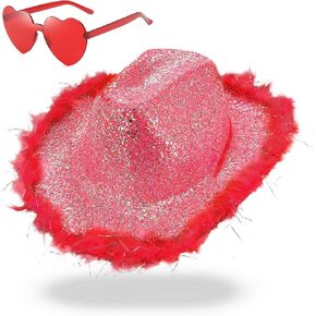 Cowboy Hat with Heart Sunglasses - Cowgirl Hat with Feather Boa Brim for Women&Men,Bachelorette Party Halloween