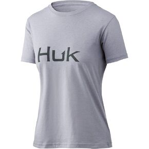 HUK womens Performance Fishing Crew Tee | Ladies T-Shirt, Logo - Sargasso Sea Heather, Large