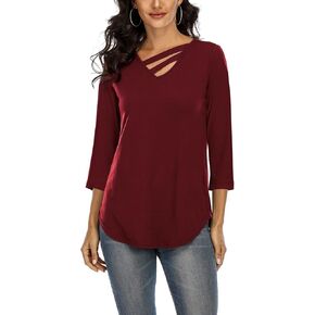 Davenil Women's 3/4 Sleeve Tops V Neck Tunic Tops Irregular Hem Blouses Casual Loose T-Shirts