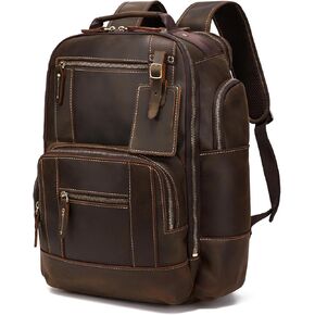 LANNSYNE Full Grain Leather Backpack For Men, Fits 16" Laptop, Coffee