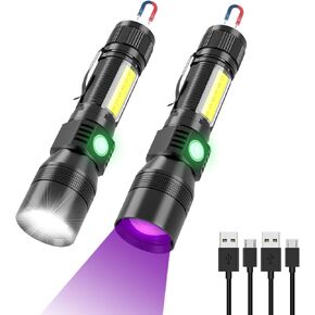 Rechargeable UV Flashlight, 3 in 1 UV LED Tactical Flashlight, Magnetic LED Flashlight with Pocket Clip, 7 Modes, Zoomable, Black 016 016-1 016-1