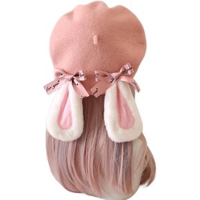 Sweet Pink Wool Beret Hat for Girls Cute Rabbit Ears Beret Lolita French Beret Cap Female Casual Artist Hat