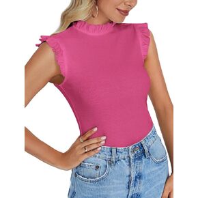 Umenlele Women’s Ruffle Trim Cap Sleeve Blouse Mock Neck Ribbed Tank Tee T Shirt Top