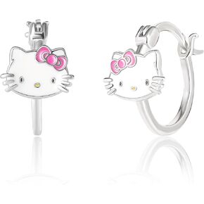 Sanrio Hello Kitty Womens Hoop Earrings Official License - Sterling Silver and CZ Hoop Earrings with Enamel Hello Kitty Charm