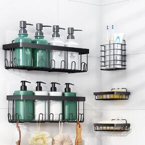 Shower Caddy, 5 Pack Adhesive Shower Organizer with 28 Hooks Wall Shampoo Holder for Bathroom Storage & Kitchen, Rustproof Large Shower Caddy Shelf Organizer Rack, Black