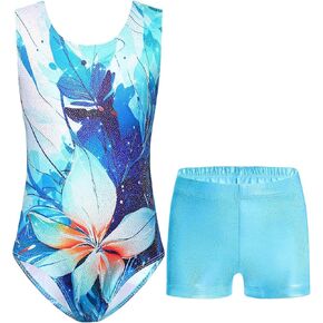 Girls Gymnastics Leotards Shiny Sleeveless Bodysuits with Shorts Suit for Kids Teens Dancewear