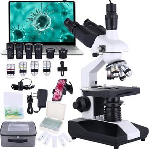 Herwicm Compound Trinocular Microscope 40X-2500X Magnification, Research Grade Professional Microscope, Two Tier Mechanical Stage LED Illuminated Abbe Microscope, Adult Microscope with USB Camera and