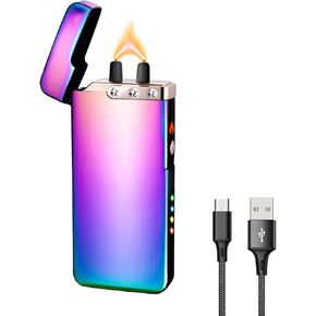 Flame Arc Plasma Lighter,Electric Lighter, USB Rechargeable Electric Lighters Windproof Waterproof Lighter with LED Battery Indicator (Silver)
