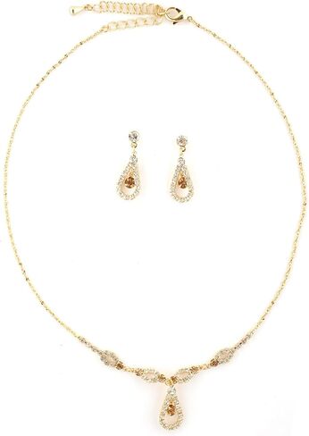 Topwholesalejewel Gold Teardrop Shape Line Necklace with Crystal Inserts & Matching Dangle Earrings Jewelry Set in Kuwait