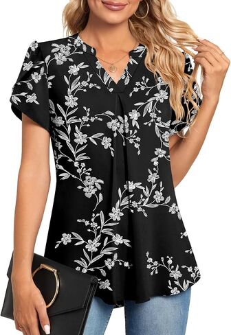 Anyhold Women's Summer Dressy Chiffon Blouse Notch V Neck Petal Sleeve Tops Loose Casual Cute Shirts for Work in Kuwait