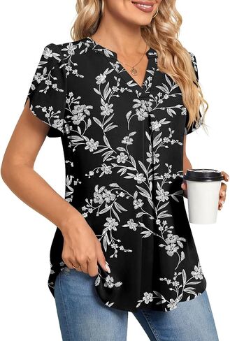 Anyhold Women's Summer Dressy Chiffon Blouse Notch V Neck Petal Sleeve Tops Loose Casual Cute Shirts for Work in Kuwait