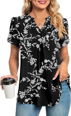 Anyhold Women's Summer Dressy Chiffon Blouse Notch V Neck Petal Sleeve Tops Loose Casual Cute Shirts for Work in Kuwait