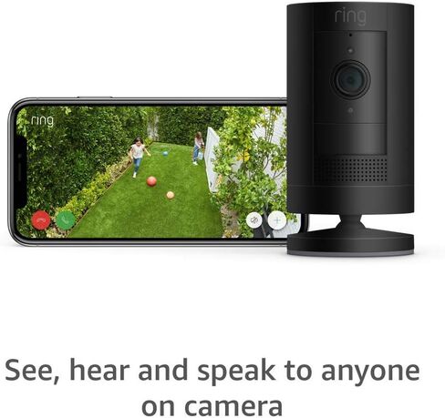 Certified Refurbished Ring Stick Up Cam Plug-In HD security camera with two-way talk, Works with Alexa - Black in Kuwait