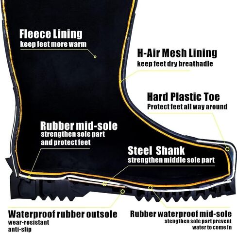 أحذية عمل DRYCODE للرجال مع ساق فولاذية، أحذية مطاطية مقاومة للماء، أحذية مطر متينة من النيوبرين الدافئة 6 مم مضادة للانزلاق، أسود، مقاس 5-14 in Kuwait