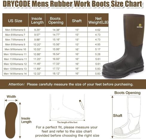 أحذية عمل DRYCODE للرجال مع ساق فولاذية، أحذية مطاطية مقاومة للماء، أحذية مطر متينة من النيوبرين الدافئة 6 مم مضادة للانزلاق، أسود، مقاس 5-14 in Kuwait