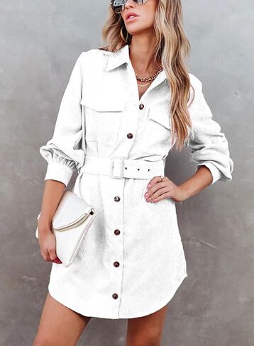 فستان قميص كوردروي باكمام طويلة وحزام قابل للتعديل وازرار امامية وجيوب للنساء من ارت فري in Kuwait