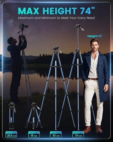 CAMBOFOTO 74"-Camera-Tripod, Porfessional Aluminum Heavy Duty Tripod Stand for Mirrorless Camera/DSLR/Cell Phone/Camcorder, with Holder and Travel Bag in Kuwait