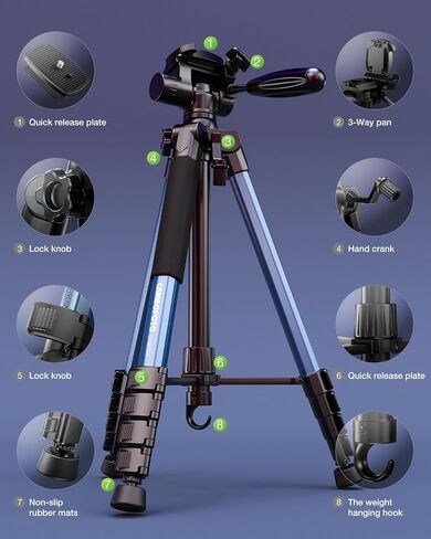 CAMBOFOTO 74"-Camera-Tripod, Porfessional Aluminum Heavy Duty Tripod Stand for Mirrorless Camera/DSLR/Cell Phone/Camcorder, with Holder and Travel Bag in Kuwait