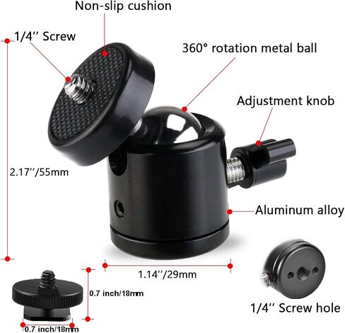 Universal 1/4" Swivel Mini Ball Head Screw Tripod Mount（2 Pack）, AOQIYUE 360 Degree Rotating Mount Base Adapter for DSLR Cameras HTC Vive Tripods Monopods Camcorder Light Stand… in Saudi Arabia