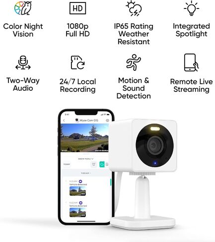 WYZE Cam OG Indoor/Outdoor 1080p Wi-Fi Smart Home Security Camera with Color Night Vision, Built-in Spotlight, Motion Detection, 2-Way Audio, Compatible with Alexa & Google Assistant, Black in Saudi Arabia