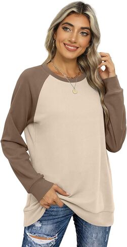 OFEEFAN Women's Sweatshirts Trendy Crewneck Long Sleeve Shirts Color Block Pullover Tops Comfy in Saudi Arabia