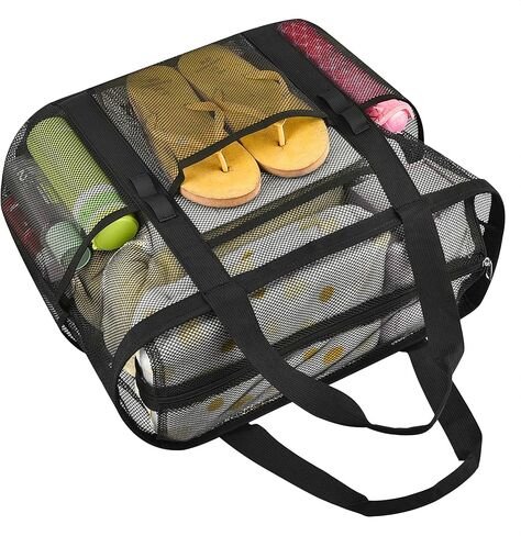 حقيبة حمل شبكية كبيرة جدًا مع جيوب متعددة، حقيبة شاطئ شديدة التحمل للرحلات العائلية والتخييم والسباحة in Kuwait