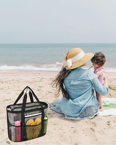 حقيبة حمل شبكية كبيرة جدًا مع جيوب متعددة، حقيبة شاطئ شديدة التحمل للرحلات العائلية والتخييم والسباحة in Kuwait