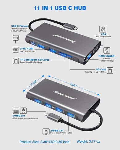 Hiearcool USB C Docking Station, 11-in-1 Dock, HDMI, VGA, Ethernet, Grey | Triple display via 2 HDMI and VGA; plug-and-play, 100W PD, USB and SD/TF; compatible for HP, Dell and Lenovo USB C laptops in Kuwait