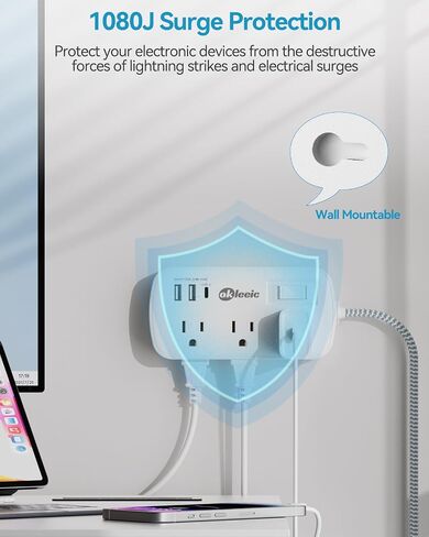 سلك تمديد مسطح بطول 15 قدمًا، 6 منافذ واسعة مع 3 منافذ USB (1 USB C)، واقي التيار المسطح لشريط الطاقة 980J، موسع منفذ توصيل رفيع للغاية، مثبت للداخل، والسفر، والعمل من أساسيات المنزل in Kuwait