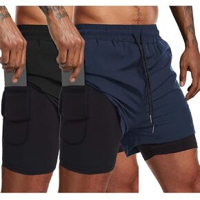 COOFANDY Men's 2 Pack Running Shorts 2 in 1 Workout Shorts Quick Dry Gym Training Athletic Jogger with Phone Pockets