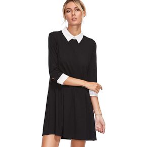 Floerns Women's Doll Collar Short Sleeve Short Tunic Dress A Black L