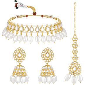 مجموعة مجوهرات أهلي كوندان مرصعة بالذهب من Aheli أقراط Jhumki وأقراط Maang Tikka هدية للنساء - AH-PF26N026G