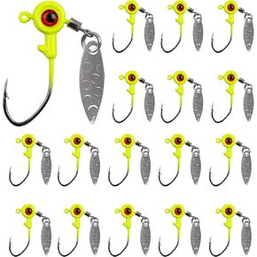 Crappie Jigs Big Eye Jig Heads, 16Pcs Flat Round Head Jig Hooks Spinner Blades Fishing Hooks Painted Fishing Jigs Lures for Bass Trout 1/16oz 1/8oz 3/16oz