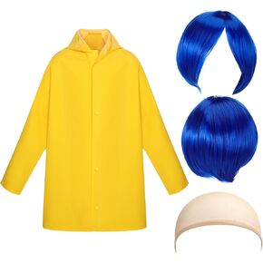 Xinnun 3 Pieces Halloween Yellow PVC Raincoat with Detachable Hood Blue Short Straight Wig Elastic Hair Net for Halloween (90-120 cm)