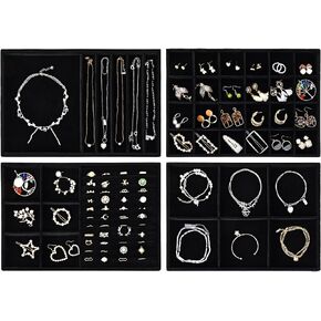 Fixwal 13in Set of 4 Jewelry Organizer, Stackable Jewelry Trays for Drawers, Jewelry Storage for Earring, Necklace, Bracelet, Watch with Removable Divider, Black