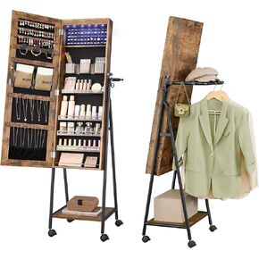 SONGMICS 6 LEDs Lockable Mirror Jewelry Cabinet,Organizer, Standing Jewelry Armoire with 4 Wheels, Mirror with Jewelry Storage, Coat Rack, Shelf, Rustic Brown and Black UJJC005X01