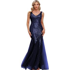 Women's Double V Neck Long Sequined Mermaid Dress Formal Dress Bridesmaid Party Dress