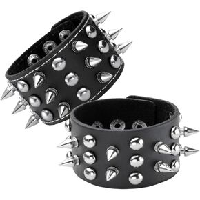 Eigso 2 Pcs Spike Studded Rock Punk Biker Wide Strap Leather Bracelet Set Gothic Rivet Buckle Wristband for Men Women