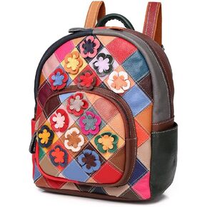 Genuine Leather Backpack Multi-color Stitched Daypack Random Colorful Patchwork Shoulder Bag Spring Summer Style Travel Rucksack