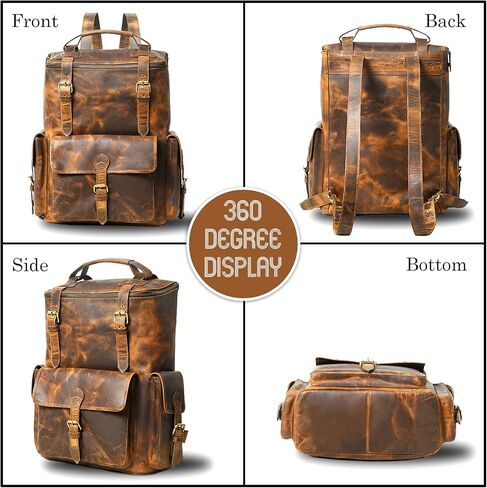 Gratlin Buffalo Leather Backpack for Men 16 Inch| Vintage Leather Backpack Multi Pockets Business Travel Daypack| Full Grain Brown Leather Shoulder Rucksack Knapsack in Saudi Arabia