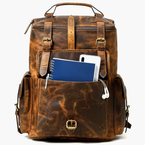 Gratlin Buffalo Leather Backpack for Men 16 Inch| Vintage Leather Backpack Multi Pockets Business Travel Daypack| Full Grain Brown Leather Shoulder Rucksack Knapsack in Saudi Arabia