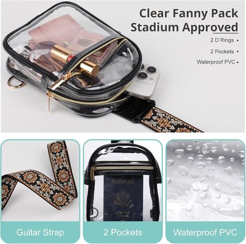 Clear Sling Bag Stadium Approved，Bunnychill Clear Fanny Pack Cross Body Bag for Women Transparent Chest Bag Crossbody Purses with Adjustable Guitar Straps for Sports, Beach, Events, Concerts in Saudi Arabia