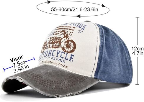 قبعة بيسبول عتيقة من قماش الدنيم المغسول، قبعة سائق الشاحنة بنمط طباعة الدراجة النارية، قبعة الشمس الخارجية 100% قطن للرجال والنساء in Kuwait
