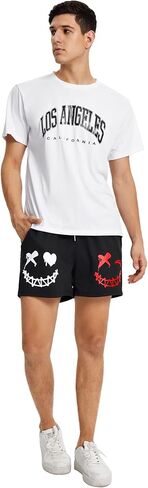 GORGLITTER Men's Cartoon Graphic Running Workout Shorts Drawstring Waist Track Shorts with Pockets Khaki Graphic Large in Saudi Arabia