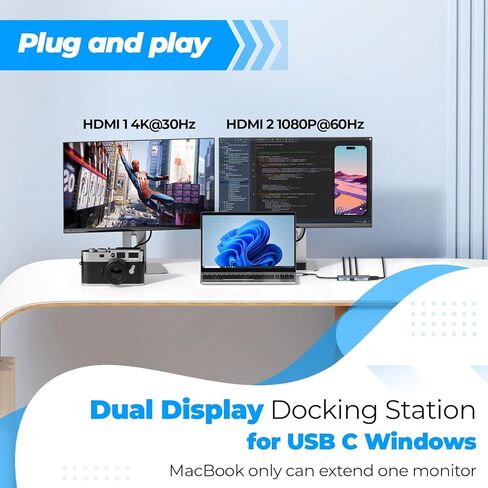 Laptop Docking Station Dual Monitor, 4URPC USB C Docking Station 3 Monitors with 2 HDMI, DisplayPort, 100W PD, 3 USB, SD/TF, USB C Hub Multiport Adapter, USB C Dock for Dell/HP/Lenovo/Surface in Kuwait