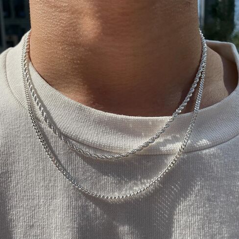 Moodear Silver Chain for Men，3mm Silver Cuban Link/Twisted Rope Necklace for Men Simple Jewelry Gifts for Men 18-28 Inches Chain in Kuwait